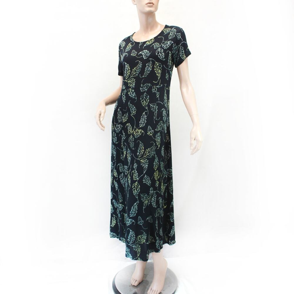 Orvis vintage 90's hand printed floral midi short sleeve crinkle dress small